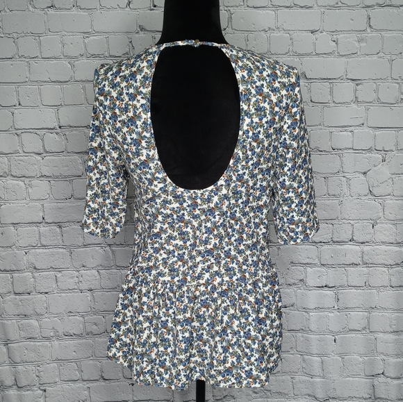 Zara Woman Floral Open Back Peplum 3/4 Sleeve Top Blouse - Picture 2 of 3